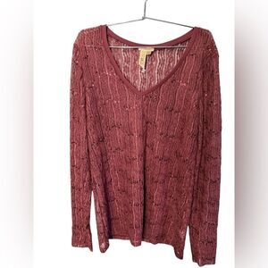 BKE Sequin Lace Long Sleeve Top Burnt Orange Rust V Neck Sheer Y2K Size L
